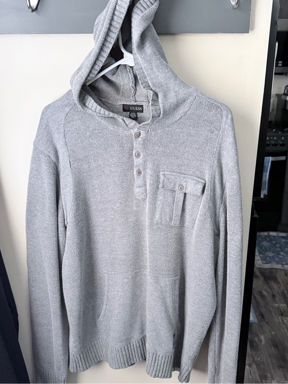 GUESS Men’s Light Gray Hooded Henley Sweater